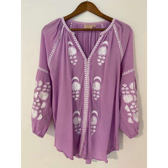 Rungolee GUC Lilac Purple White Embroidered Full Sleeve Blouse Boho V Neck M - Picture 1 of 14
